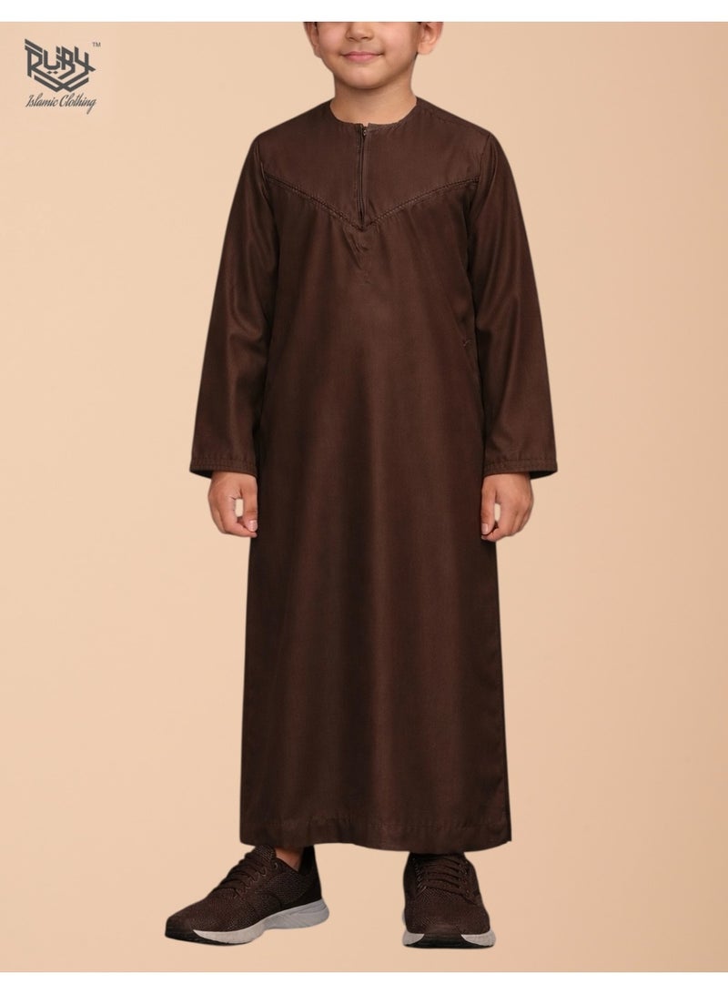 RUBY ISLAMIC CLOTHING Classic Brown Emirati Thobe Kandura for Children & Kids with Intricate Embroidery, Kandura Kaftan, Round Neck, Long Sleeve, Saudi Arabian Muslim Robe (Without Tassel) - Image 1